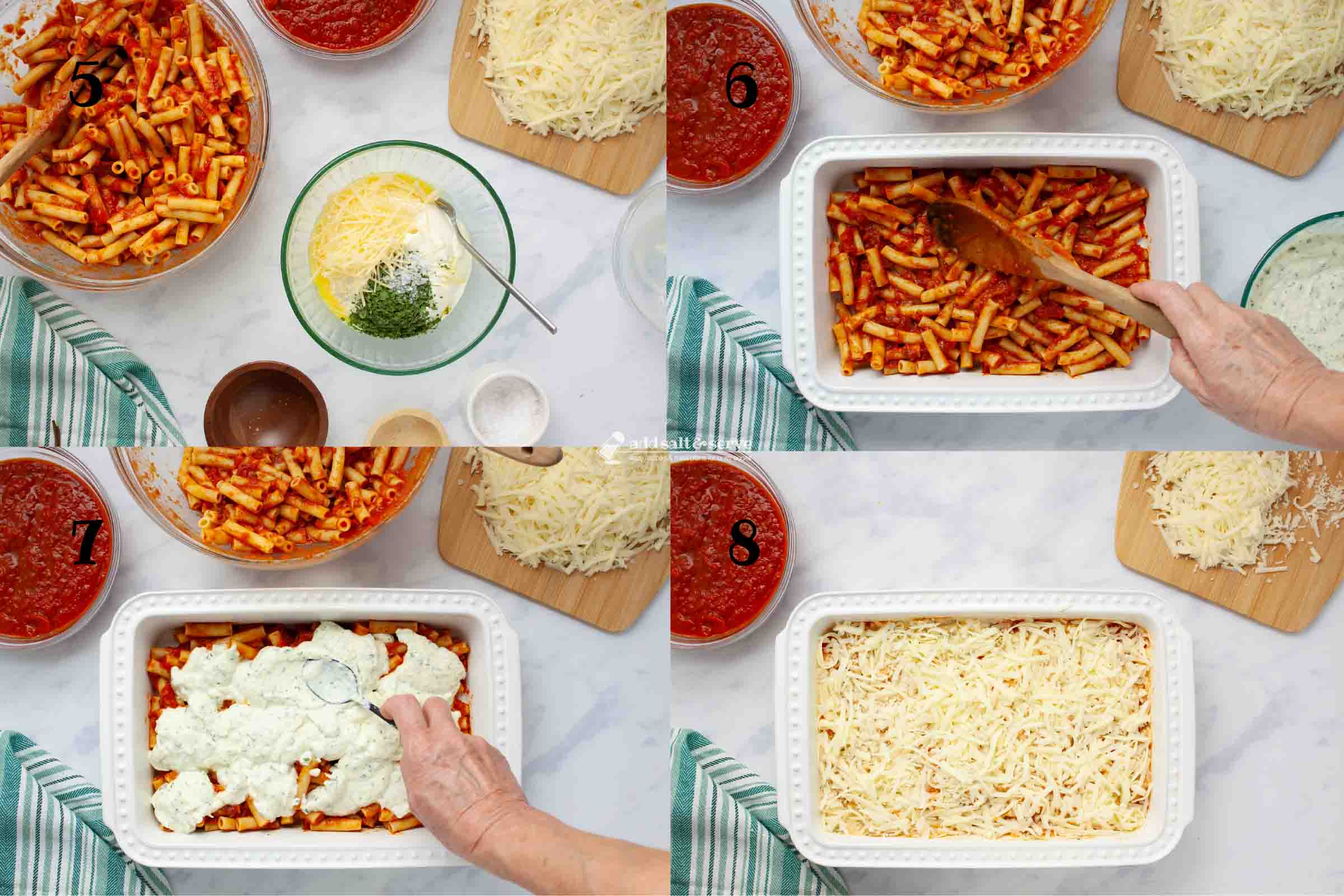 Composite image showing how to make baked ziti: 5 - combine the beaten egg, ricotta cheese, Parmesan cheese, parsley, and salt, 6 - spread half the ziti and marinara in the baking pan, 7 - spoon the egg mixture over the ziti and marinara, 8 - sprinkle mozzarella over the egg mixture.