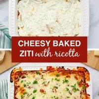 Composite image - top is cheesy meatless baked ziti being prepared showing a layer of ricotta egg mixture spread over ziti and sauce; bottom is the pan of baked ziti after baking garnished with chopped fresh parsley.