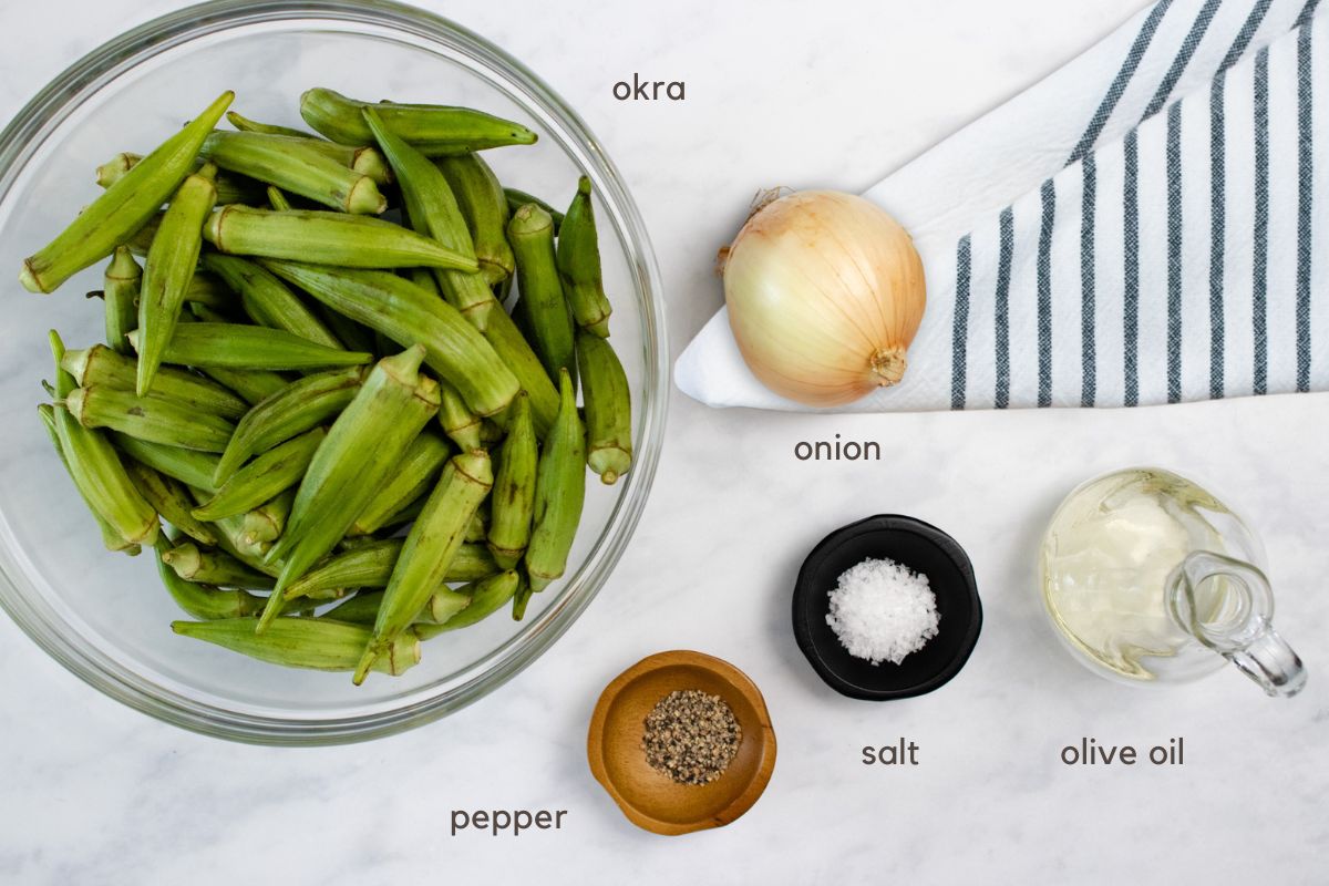 Ingredients for Roasted Okra and Onions: okra, onions, oil, salt, pepper.