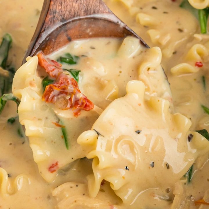 Wooden spoon with a serving of white lasagna soup.