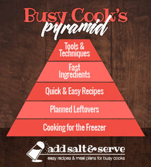 Pyramid graphic titled Busy Cook's Pyramid with levels starting at bottom: Cooking for the Freezer, Planned Leftovers, Quick & Easy Recipes, Fast Ingredients, Tools & Techniques (Add Salt & Serve)